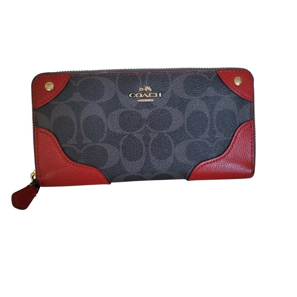 Coach Signature Accordion Zip Wallet Charcoal Red Leather Trim Studded F54007